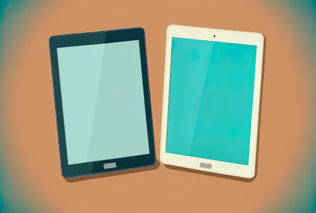 two smart tablets in closeup with a blank screenの素材
