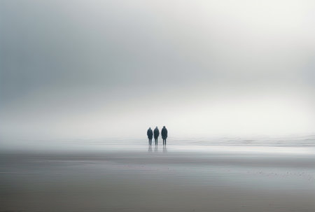 Beautiful image of a beach on a foggy day with three people thereの素材