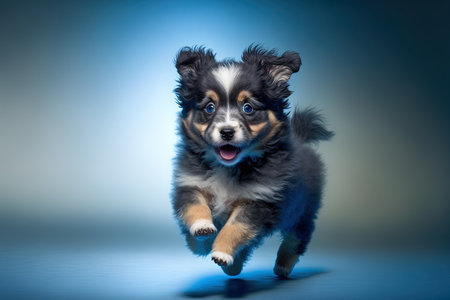 Cute puppy running in the breakthrough blue studioの素材