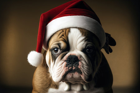 Bulldog puppy in a sweet santa hat portraitの素材