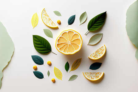Lemon and slice on white backdrop with leaves. top perspective and a flat layの素材