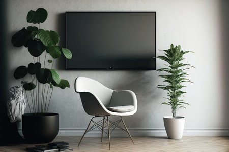 Create a mockup of a wall mounted TV in a living room with a white wall and a chairの素材