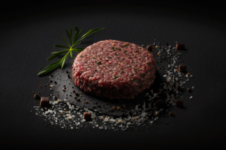 Roughly chopped raw beef Beef patty patty cutlets and spices. Ranchers who raise organic beef. All black backdrop. Perspective from on highの素材