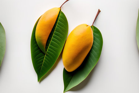 On a white backdrop, two ripe mangos with green leaves are isolatedの素材