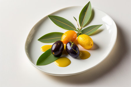 Olives with lemon in the top view, on a white plate with curly edgesの素材