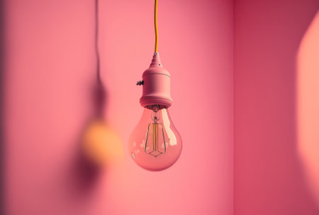 a brilliant light bulb hanging from a ceiling against a pink backdropの素材