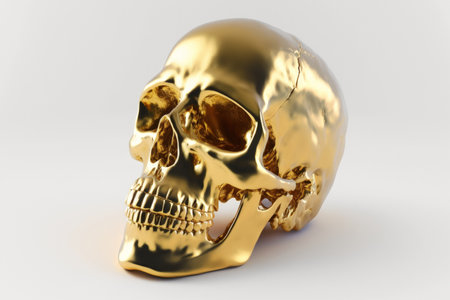 White background with a single gold human skullの素材