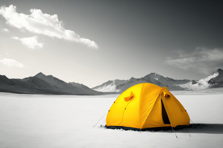 a lone yellow tourist tent against a background of whiteの素材