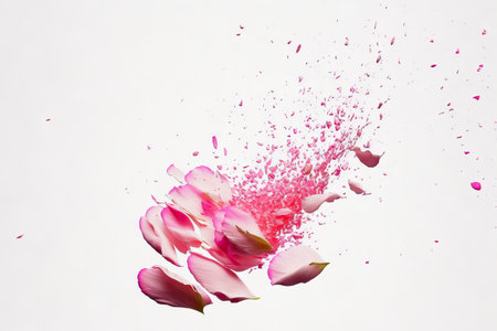 drops of rose petals. alone against a white backdropの素材