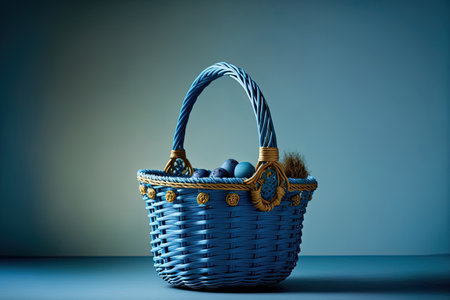 of wicker basket, blue backdrop, solitary. innovative organic advertisingの素材