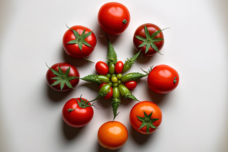 solitary ripe red group component tomato. Top view of ripe tomatoesの素材