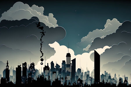 Cartoon backdrop with a silhouette of a city and a cloudの素材