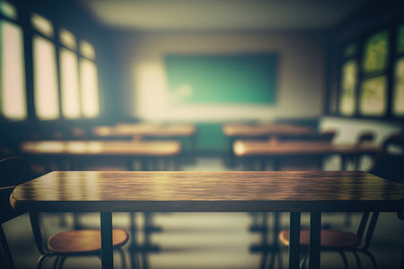 Look out from the table, blur image of empty classroom as backgroundの素材