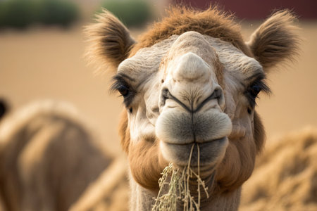 Camel munching hay while lowering his lipの素材