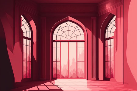 Huge windows and a realistically large space. Empty room in red. a representationの素材
