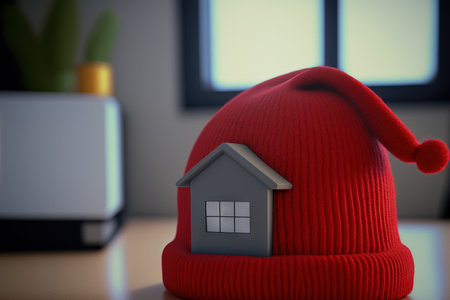 Close up of a Red Bonnet and a House with Insulation Symbol in an office lobbyの素材