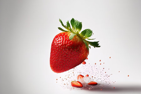 Levitating strawberry fruit against a white backdropの素材