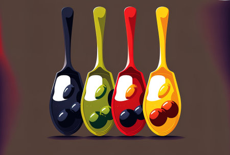 In spoons with an oil bottle are red, black, yellow, and purple olivesの素材