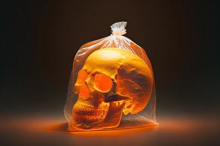 Orange light shining on a skull that is packed in a plastic bagの素材