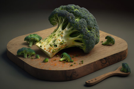 Prepared raw broccoli on a wooden boardの素材