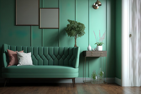 green mint wall with sofa & sideboard on wood floor interiorの素材
