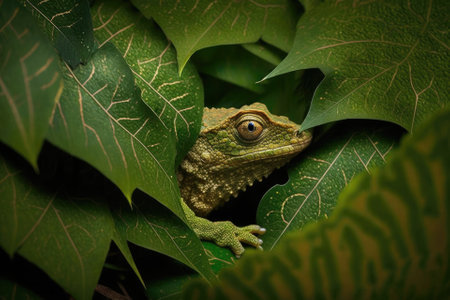 Camouflaged lizard hidden in plain sight behind a leafy green wallの素材