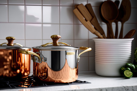 Kitchen stove with copper cooking utensils, closeupの素材