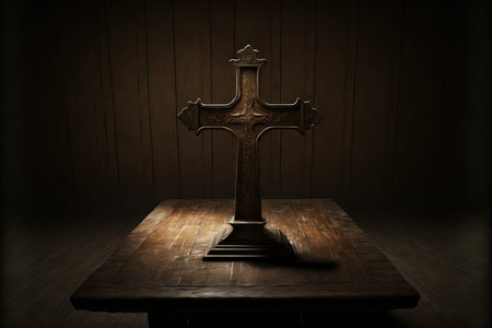 the wooden table with the wooden crossの素材