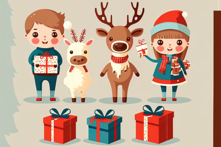Illustration of a Christmas gift set with childrenの素材
