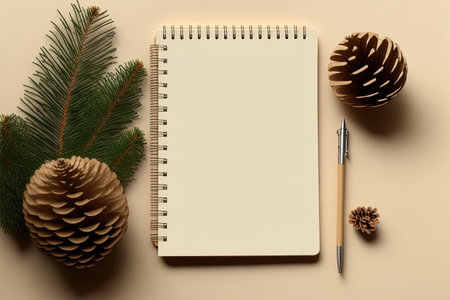 fir branches in top view a notepad and Christmas tree decorations on a beige backdropの素材
