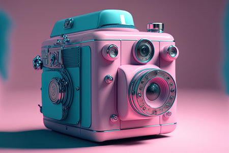 Retro pink camera with blue light in closeupの素材