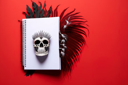 Open notepad on a red backdrop with a feathered skull decorationの素材