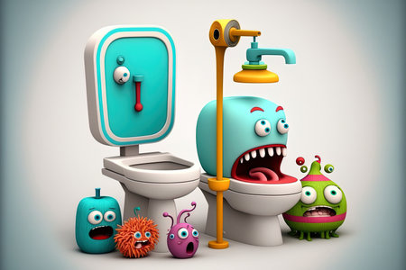 Cartoon style bathroom fixtures for interior design on a white backdropの素材