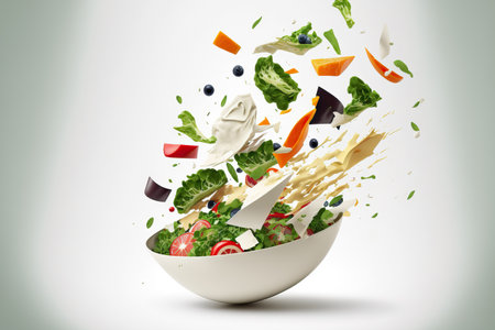 Salad bowl with sliced veggies falling into it on a white backgroundの素材