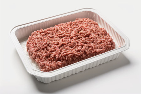 On a white background, a plastic tray holds raw, fresh, minced beefの素材