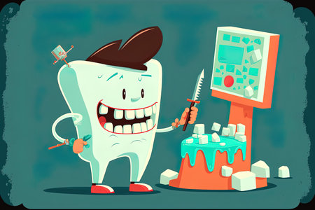 cartoon dentist teaching how to clean teethの素材