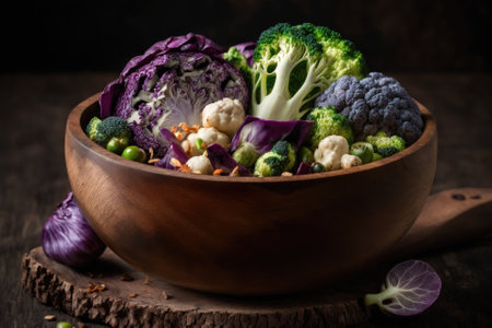 Salad ingredients including broccoli, cauliflower, purple cabbage, and Brussels sprouts are seen up close in a wooden bowl on a wooden tableの素材