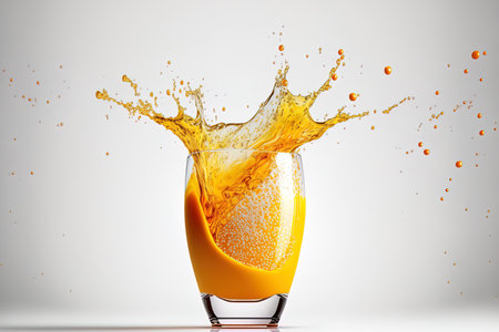 Orange juice in a glass with water drops on a white backdropの素材