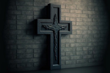 Concept of religion wooden cross on fresh black plastered brick wallの素材