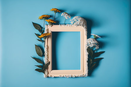 a picture frame against a naturally lit bright blue wallの素材