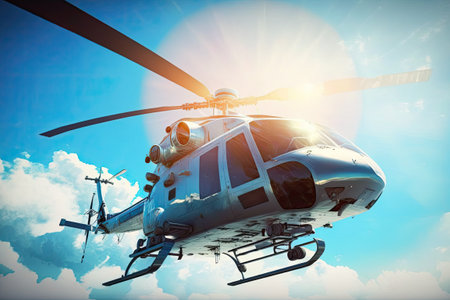 Blue sky, sunshine, and a chopper in the airの素材