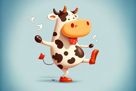 Cute cow dancing in a cartoon icon image of an animal and a natural notionの素材