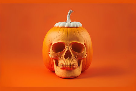 Illustration of a Halloween pumpkin with a white skull on an orange backdropの素材