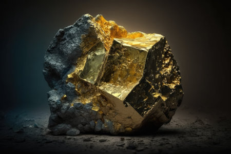 Gold ore found in a dark mine, representing pure goldの素材