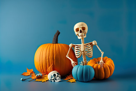 Halloween composition with a colorful pumpkin and a skeleton on a blue backdropの素材