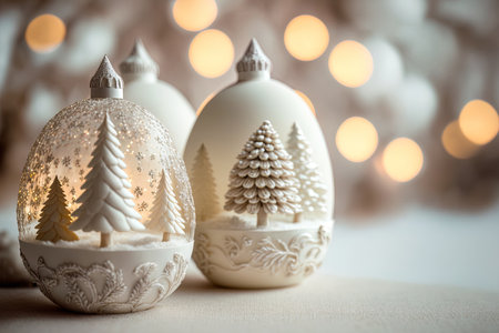 Christmas ornaments with bokeh lights on white woolの素材