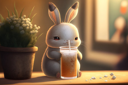 Cute cartoon artwork of a rabbit drinking milk teaの素材