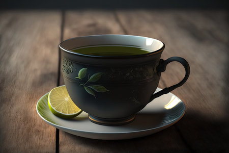 Green tea cup on a hardwood background that is grayの素材