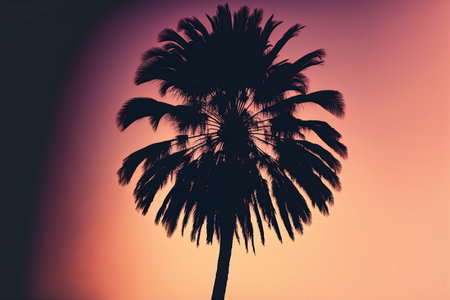 Palm tree silhouette at dusk with a vintage filterの素材