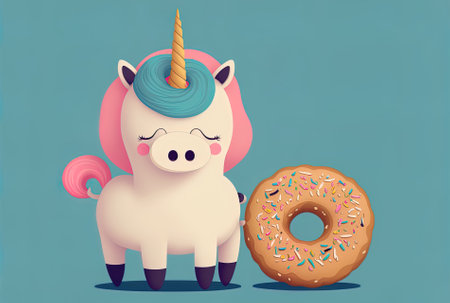 Cartoon of a cute unicorn and a doughnutの素材
